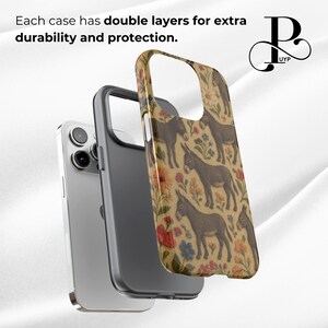 May include: A phone case with a double layer design for extra durability and protection. The case features a vintage-style print of donkeys and flowers on a beige background.