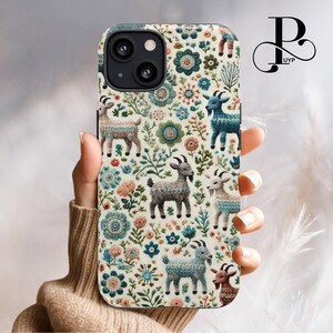Goats in Bloom Phone Case for iPhone 16 15 14 13 12 11 Plus Pro Max, Samsung, Pixel, Cute Embroidered Floral, Cottagecore, Goat Accessories