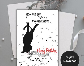 Digitale Geburtstagskarte, Ausdruckbare Happy Birthday Katzenkarte, Ausdruckbare Happy Birthday Musiknote, Happy Birthday Karte