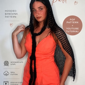 Peut inclure: Un modèle de bandana à capuche en crochet noir avec un design en maille quadrillée et de longs liens. Le texte inclut CROCHET Pattern, HOODED BANDANA PATTERN, PDF PATTERN + YOUTUBE TUTORIAL, INTERMEDIATE LEVEL, 100% COTTON, STEP-BY-STEP TUTORIAL et AnCov CROCHET DESIGNS.