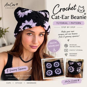 Op de afbeelding: Een haakpatroon voor een muts met kattenoren, bestaande uit zwarte en lichtpaarse granny squares. De digitale download bevat stapsgewijze instructies, een fototutorial en vereist katoengaren en een haaknaald van 3-4 mm.