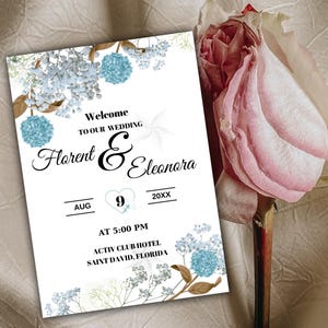 Blue Flowers Wedding Invitation Set, Editable Template, Printable Wedding Invitation with Photo, Minimalist Invitation Template