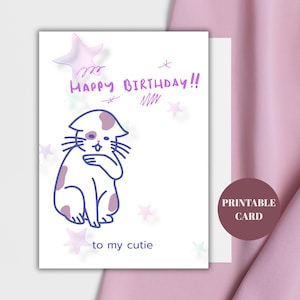 Carte d’anniversaire imprimable, Carte de joyeux anniversaire pour elle en téléchargeant numérique, Carte d’anniversaire à imprimer chat