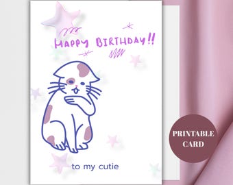 Printable Birthday Card, Happy Birthday Card for Her Digital Download, Printable Cat Birthday Card