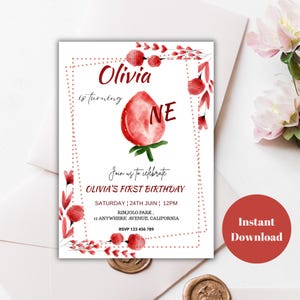 Invitation 1er anniversaire de fraise rouge, Modèle d’invitation d’anniversaire fraise modifiable, Faire-part premier anniversaire baies