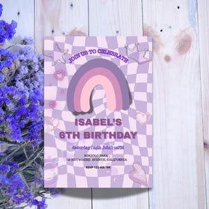 Invitation d’anniversaire arc-en-ciel modifiable pastel, Faire-part d’anniversaire amusant enfant, modèle de toile modifiable, Modèle d’anni