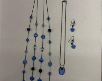 Blue Stone Necklace and Earring Set, Black Chrome Choker, Double Strand Beads