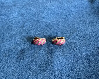 Vintage Hugger Clip-On Earrings; Pink Enamel and Gold-tone