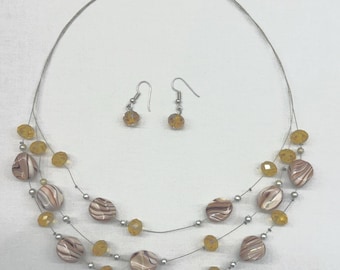Swirled, Beaded 3-strand Choker Necklace and Earring Set