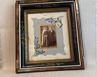 Antique Picture Frame with Hand Painted Matte and Photo, late 1800s