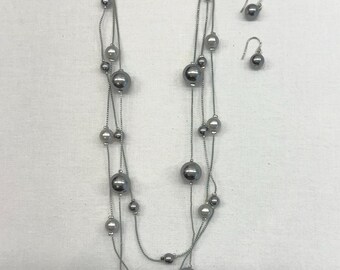 Three Strand Beaded Necklace and Earring Set in Silver and Gunmetal