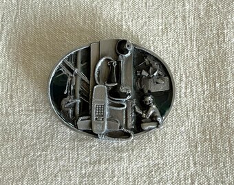 Vintage Telephone Industry Pewter with Black Enamel Belt Buckle