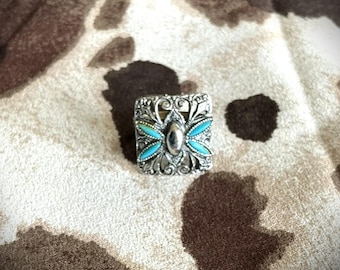 Butterfly Ring; Silver-tone with Turquoise colored stones