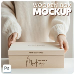 Maqueta de caja de recuerdos de madera con vista lateral / Grabado láser PSD / Recuerdo de bebé y boda / Photoshop Desktop
