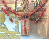Isis, Egyptian Goddess, Glass Pendant, Jasper, Coral, Vintage Glass Beads, Matching Earrings, Necklace Set by SandraDesigns