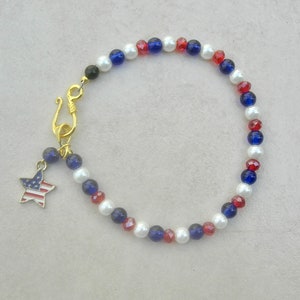SUMMER Ankle Bracelet, Red*White*Blue, Dangle Flag Star, Gold-Plated Clasp, Summer Anklet, optional earrings, 9 1/2&quot; by SandraDesigns