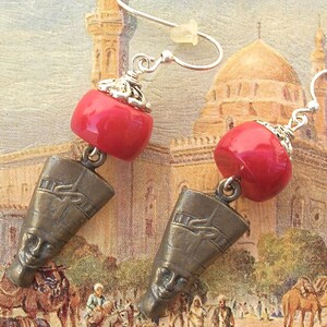 Egyptian Nefertiti Earrings, Real Coral Beads, Pewter Charms & Bead Caps, Sterling Silver Ear Wires,  by SandraDesigns