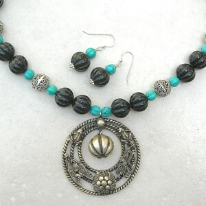 Antique Thai Silver Pendant, Top Quality Turquoise Melon Beads, Filigreed Silver & Black Lucite Melon Beads, Silk Road Necklace Set