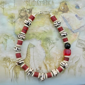 Tribal Chic, Asymmetrical African Necklace, Kenyan Batiked Bone, Vinyl Disks, Tibetan Bone Disks, Red Resin Bead, Necklace by SandraDesigns