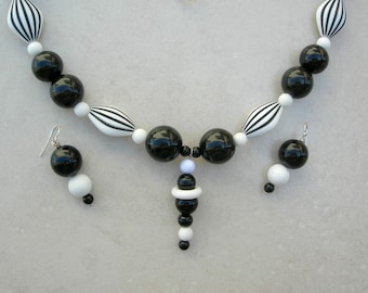 Black & White Necklace, Vintage Black and Striped Lucite Beads, Optional Bracelet, 24" Necklace, Set by SandraDesigns