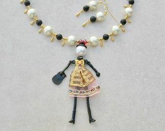 Golden Goldie, Handcrafted Doll, Glass Pearls, Gold "Spikes" Crystal & Lucite Beads, Doll Series, Necklace Set by SandraDesigns