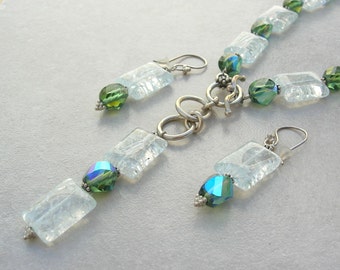 Icy Crackle Glass & Green AB Czech Glass Beads, Tiny Sterling Silver Spacers, Extendable Sterling Clasp, Necklace Set by SandraDesigns