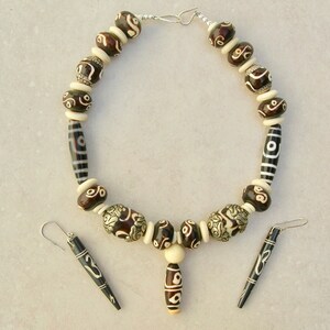 Tibetan dZi Necklace, Top Quality Repro dZi &quot;Eye&quot; Beads & Tibetan Eye Bone Beads, Long &quot;Om&quot;Earrings,Investment Necklace Set by SandraDesigns