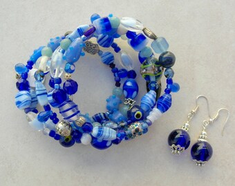 Beautiful Blues Memory Wire Bracelet, Handmade Lampwork Glass, Crystal, Glass, Silver Beads, No Clasp - Free Size, Set by SandraDesigns