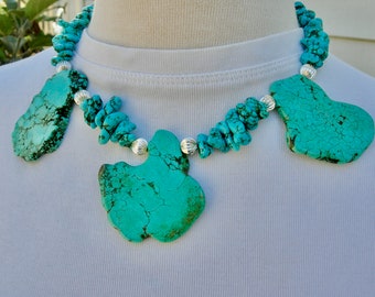 DRAMATIC Real Turquoise Slabs, Natural Turquoise Nuggets, Corrugated Silver Beads, Necklace by SandraDesigns