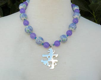 Chinese "Happiness" Sterling Silver Pendant, Lavender Jade Beads, Porcelain Flower Beads,Matching Earrings, 19"Necklace Set by SandraDesigns
