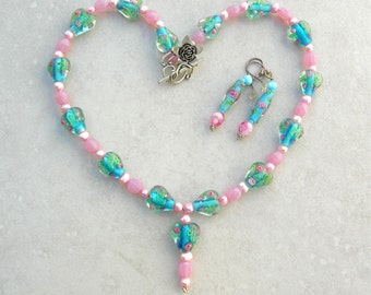 Spring/Summer Rose Garden, Pink Roses on Turquoise Glass Heart Beads, Pink Pearls & Beads, Earrings, 19" Necklace, Set by SandraDesigns