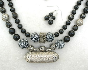 Collector's Antique Yemeni Hirz, Yemeni Antique Silver & Antique Black Coral, Silk Road Necklace Set by SandraDesigns