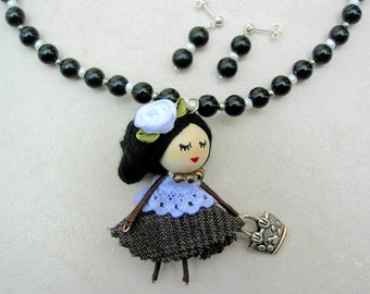 Darling Dolly Goes Shopping, Handcrafted Doll, Black Lucite & Pearl Glass Seed Beads, Doll Collection, 16"Necklace, Set by SandraDesigns