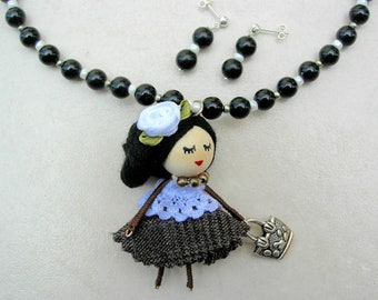 Darling Dolly Goes Shopping, Handcrafted Doll, Vintage Black Lucite & Pearl Glass Seed Beads, Doll Collection, Necklace Set by SandraDesigns