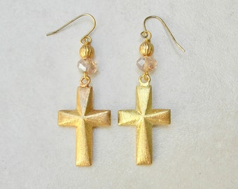 Gold Cross Earrings, Florentine (Brushed) Gold Crosses, Crystal & Corrugated Gold Beads, Earrings by SandraDesigns