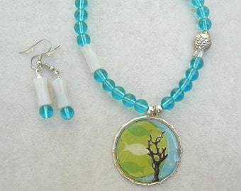 Fish & Coral Pendant, White Jade and Blue Glass Beads, 1 Sterling Silver Fish, Sea Treasures, Necklace Set by SandraDesigns