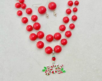 2 in 1, JOY Pendant & SILVER HEART, Detachable Pendants,Red Lucite Beads, 5 Looks, Versatile Holiday Necklace Set by SandraDesigns