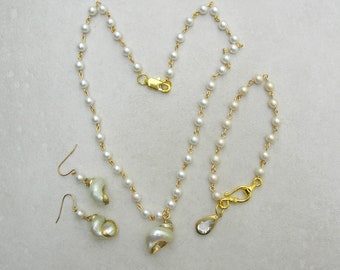 Gold Pearlized Shell Necklace, Earrings & Pearl Bracelet, Pearl Chain, Crystal Bracelet Dangle, 17" Necklace,3 Pc. Set by SandraDesigns