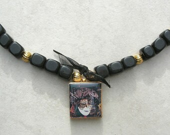 Venetian Mardi Gras Mask, Black & Gold, Scrabble Pendant, 20" Necklace by SandraDesigns