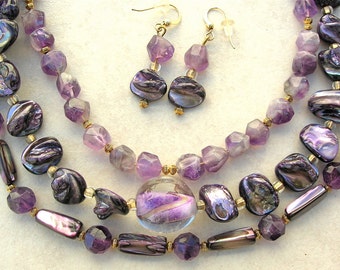 Pretty Purple Pearls & Amethyst, Lampwork Glass Focal Bead, Gold/Shell/Pearl Beads, 3-Strand Necklace Set by SandraDesigns