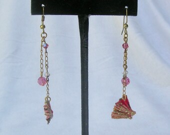 Japanese Origami Fan Earrings, Red & Pink, Glass/Crystal/Chains, Gold Vermeil Ear Wires, Handcrafted, Delicate Earrings, 3"  SandraDesigns