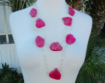 2 Necklaces, Red Magnesite Slabs, Silver-Link Chains, Red Coral Earrings, Versatile 2 Necklaces & 1 Pair of Earrings by SandraDesigns