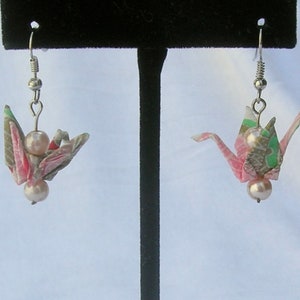 Japanese Origami Crane Earrings, Pink & Turquoise, 2 Pink Pearls, Sterling Silver Ear Wires, 1 3/4 Handcrafted, by SandraDesigns image 1