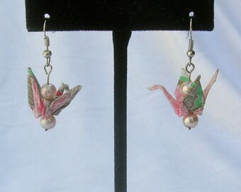 Japanese Origami Crane Earrings, Pink & Turquoise, 2 Pink Pearls, Sterling Silver Ear Wires, 1 3/4" Handcrafted, by SandraDesigns