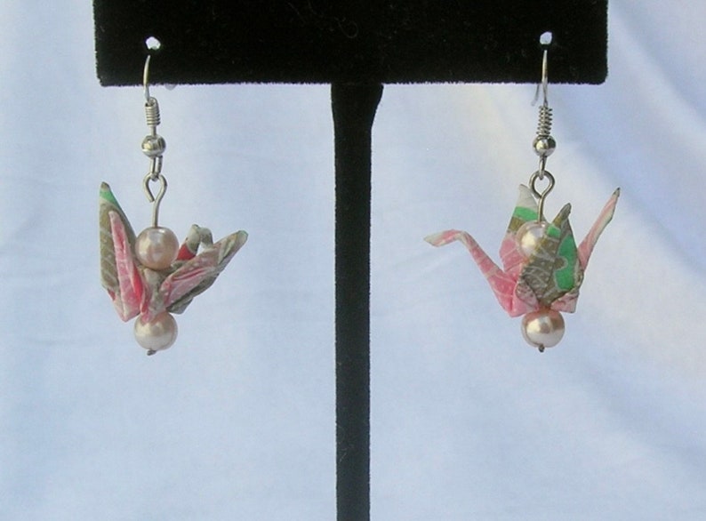 Japanese Origami Crane Earrings, Pink & Turquoise, 2 Pink Pearls, Sterling Silver Ear Wires, 1 3/4 Handcrafted, by SandraDesigns image 1