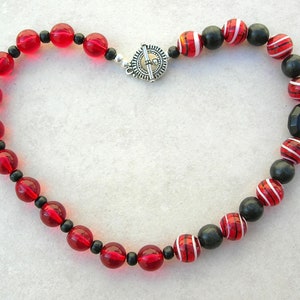 2 Necklaces, Asymmetrical Red & Black Choker, Glass/Onyx/Wood/Lucite Beads, and Black Lucite Vintage Necklace, Wear 2 or 1, by SandraDesigns