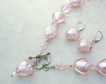 Corazones de cristal con lámina de plata rosa, cuentas de cristal, cierre de corazón de plata esterlina, aretes de corazón, regalo de San Valentín, juego de collar de 40 cm de SandraDesigns