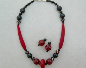 STUNNING Murano Venetian Blown Glass Beads, Lampwork Glass Beads, Marsala Red & Black, 20" Necklace Set by SandraDesigns