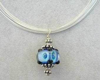 Blue Bubbles, Handmade Lampwork Glass Bead, on Multi-Strand Sterling Silver Soft 14" Choker, Removable Bead, by SandraDesigns
