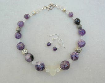 Purple Boulders, Chevron Amethyst, Frosted Glass & Lucite Beads, 6 Sterling Silver Beads, Matching Earrings, Necklace Set by SandraDesigns